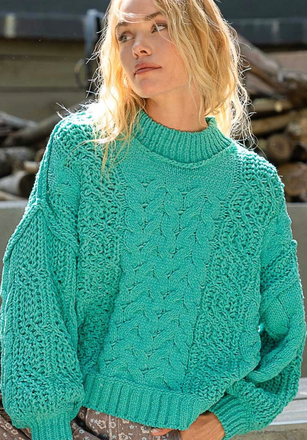 POL Mock Neck Cable Knit Sweater