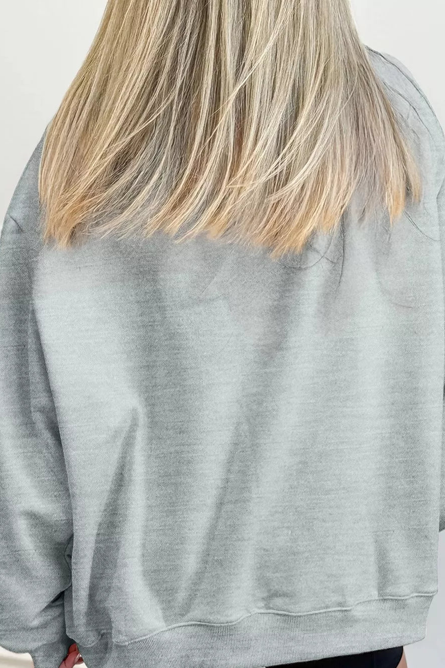 Gray mock-neck sweatshirt back view with plain fabric and crew neckline