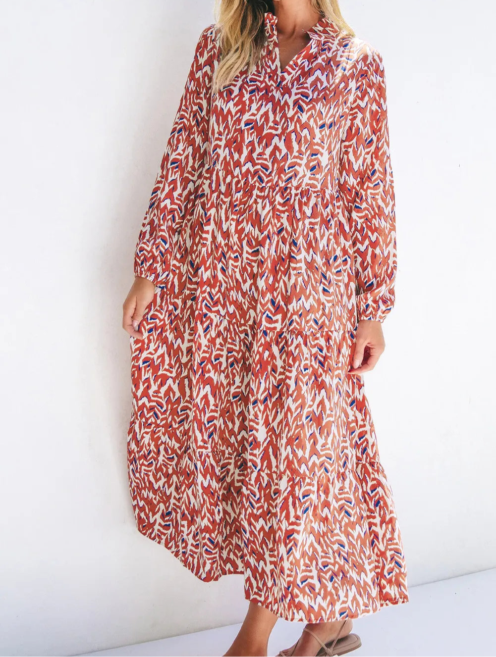 Printed Notched Long Sleeve Dress