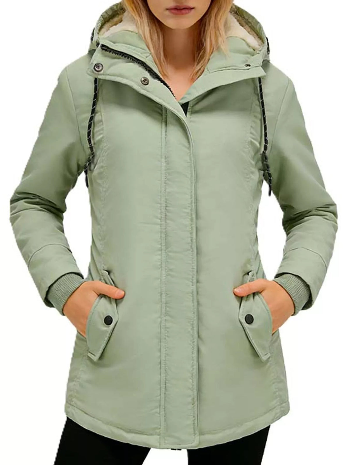 Light green hooded sherpa-lined parka with front zipper and flap pockets