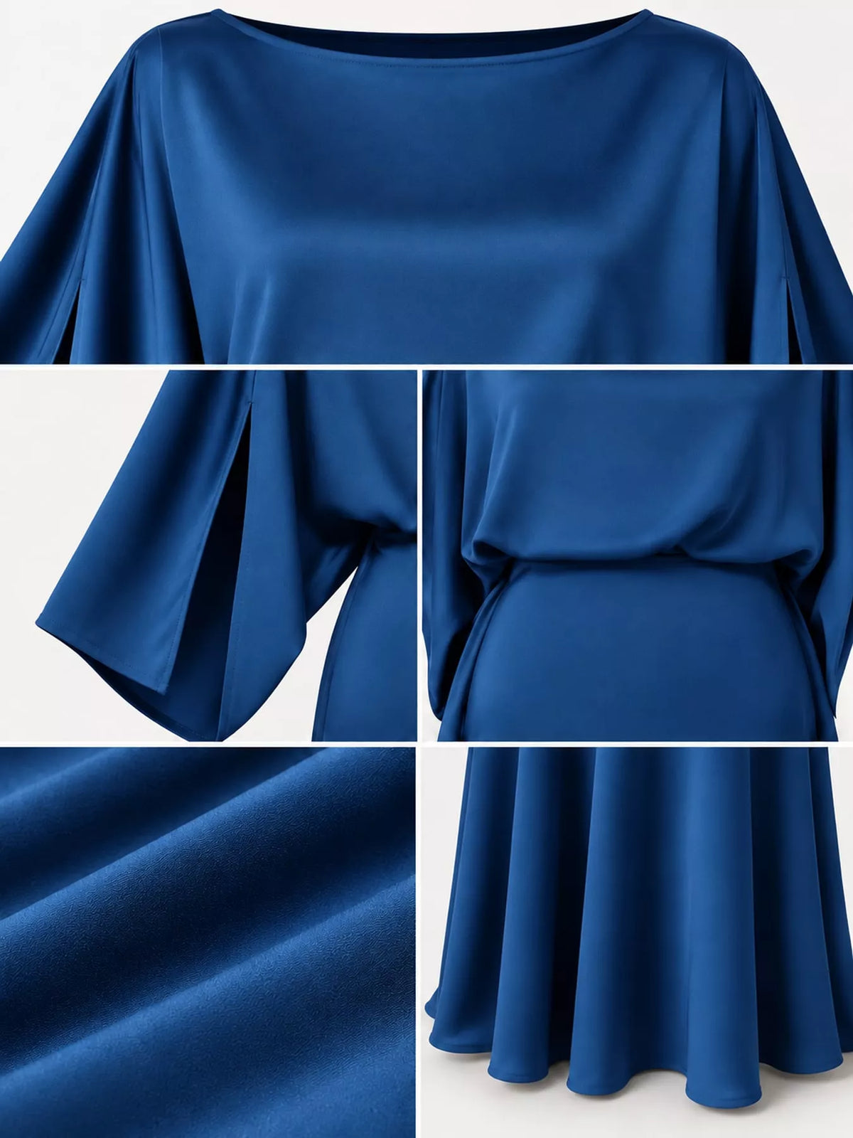 Blue satin dress detail: cape sleeve drape, waist seam, and flowing skirt