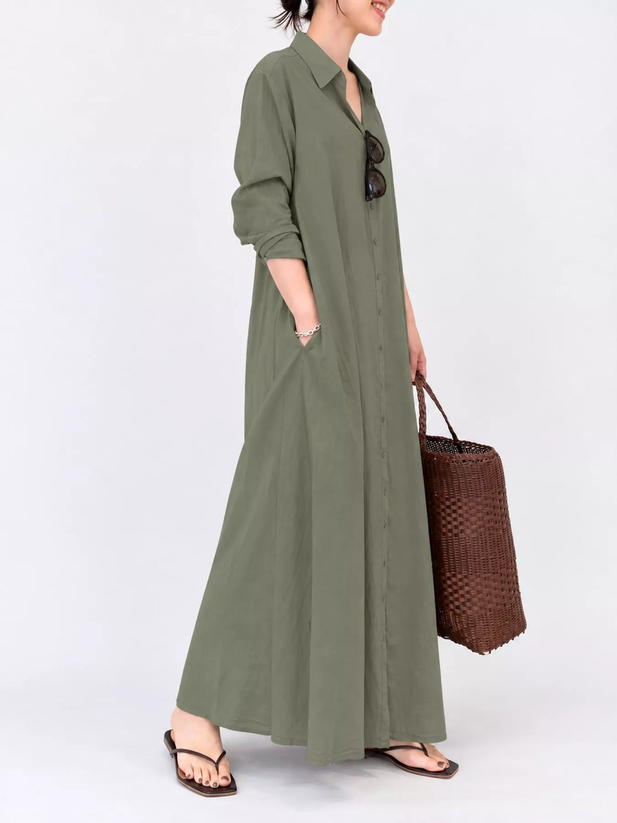 Olive green button-front long-sleeve maxi shirt dress with collar and side pockets