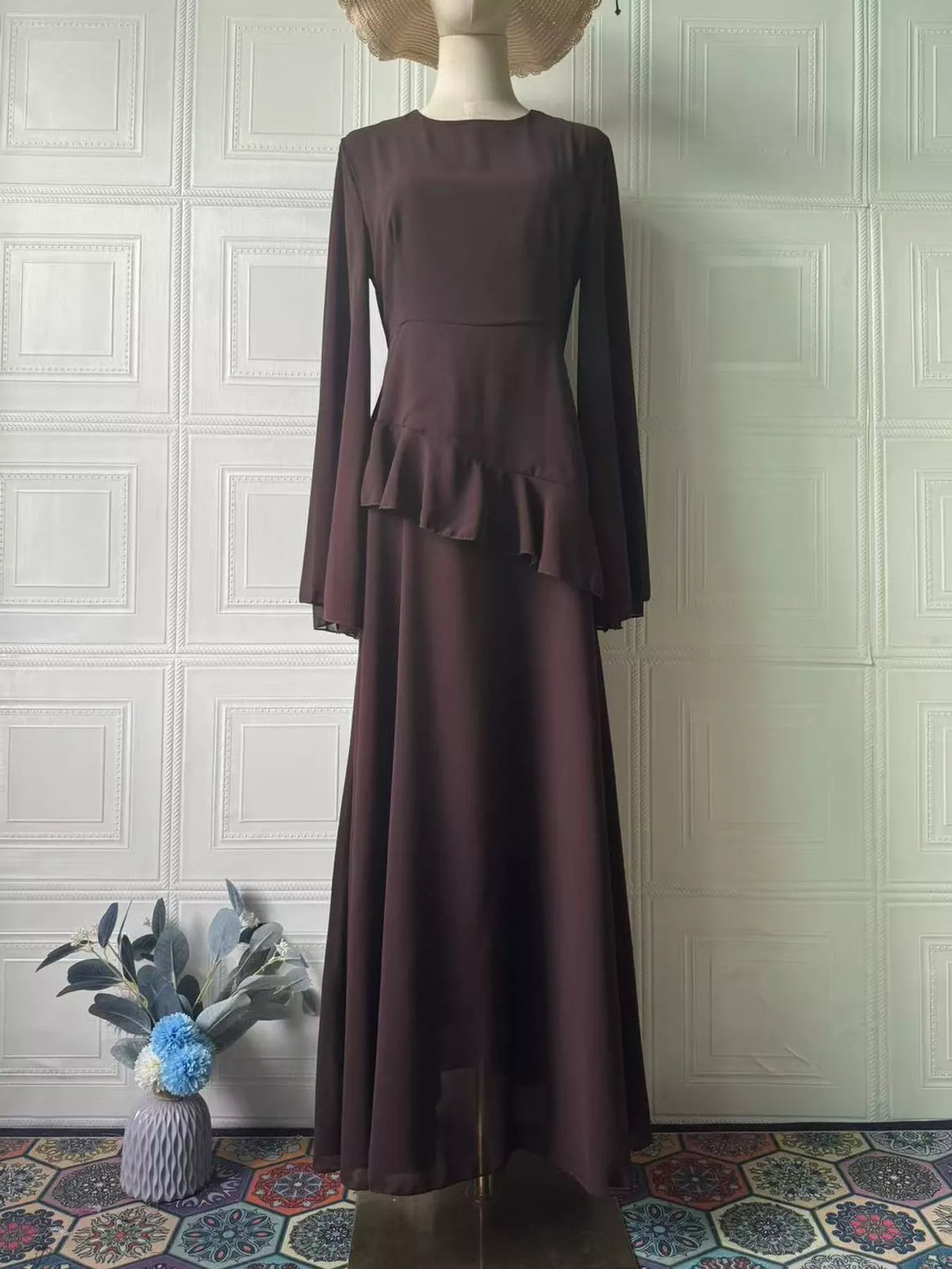 Plus size ruffled flare sleeve maxi dress in dark plum, with tiered skirt hem