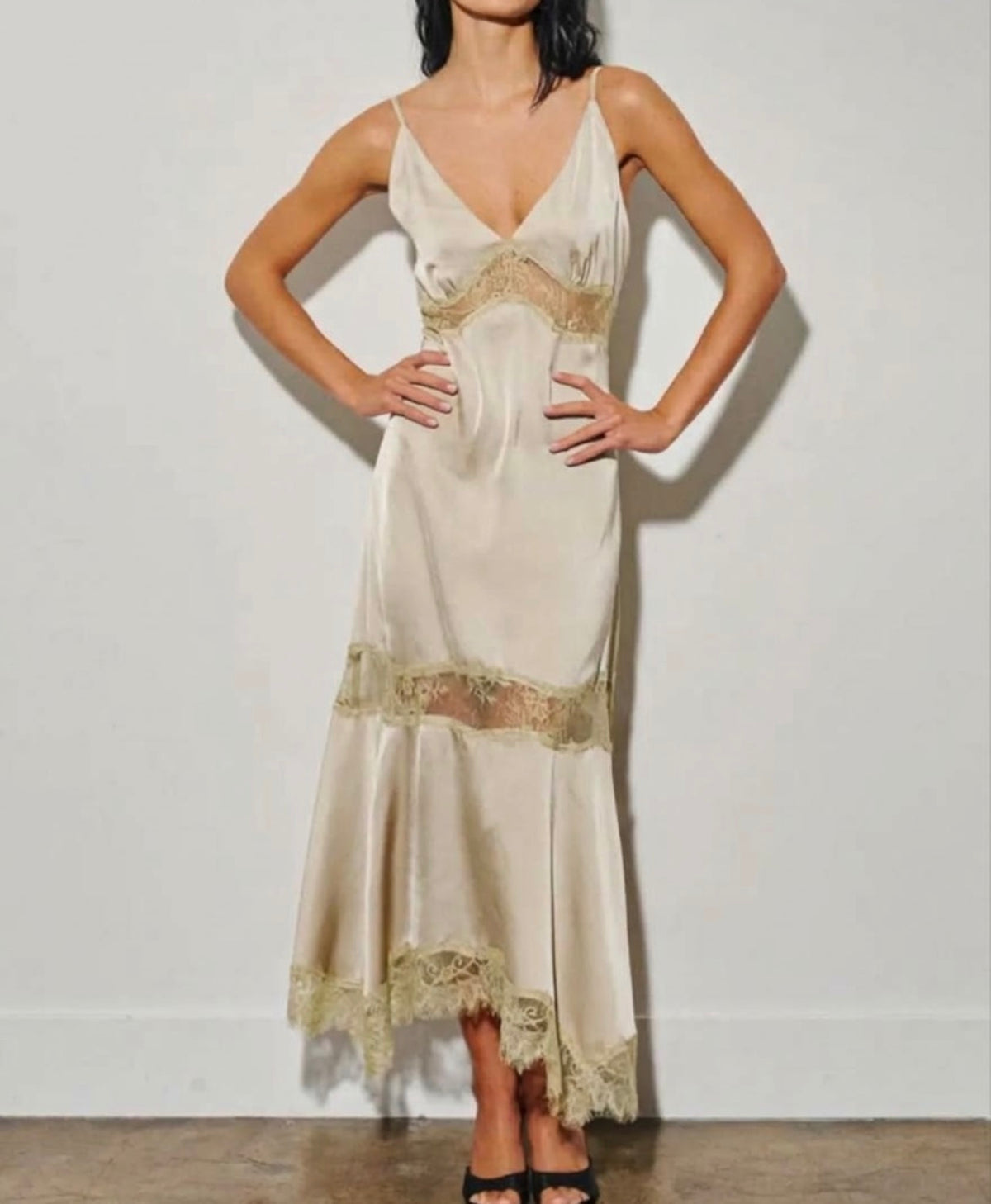 Woven Satin Lace Trim Maxi Dress