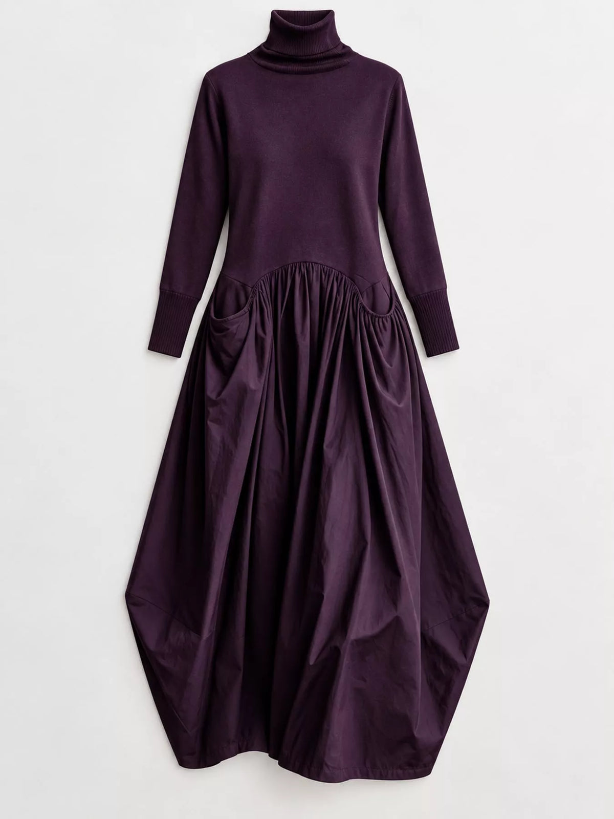 Purple long-sleeve turtleneck maxi dress with ruched waist and side pocket