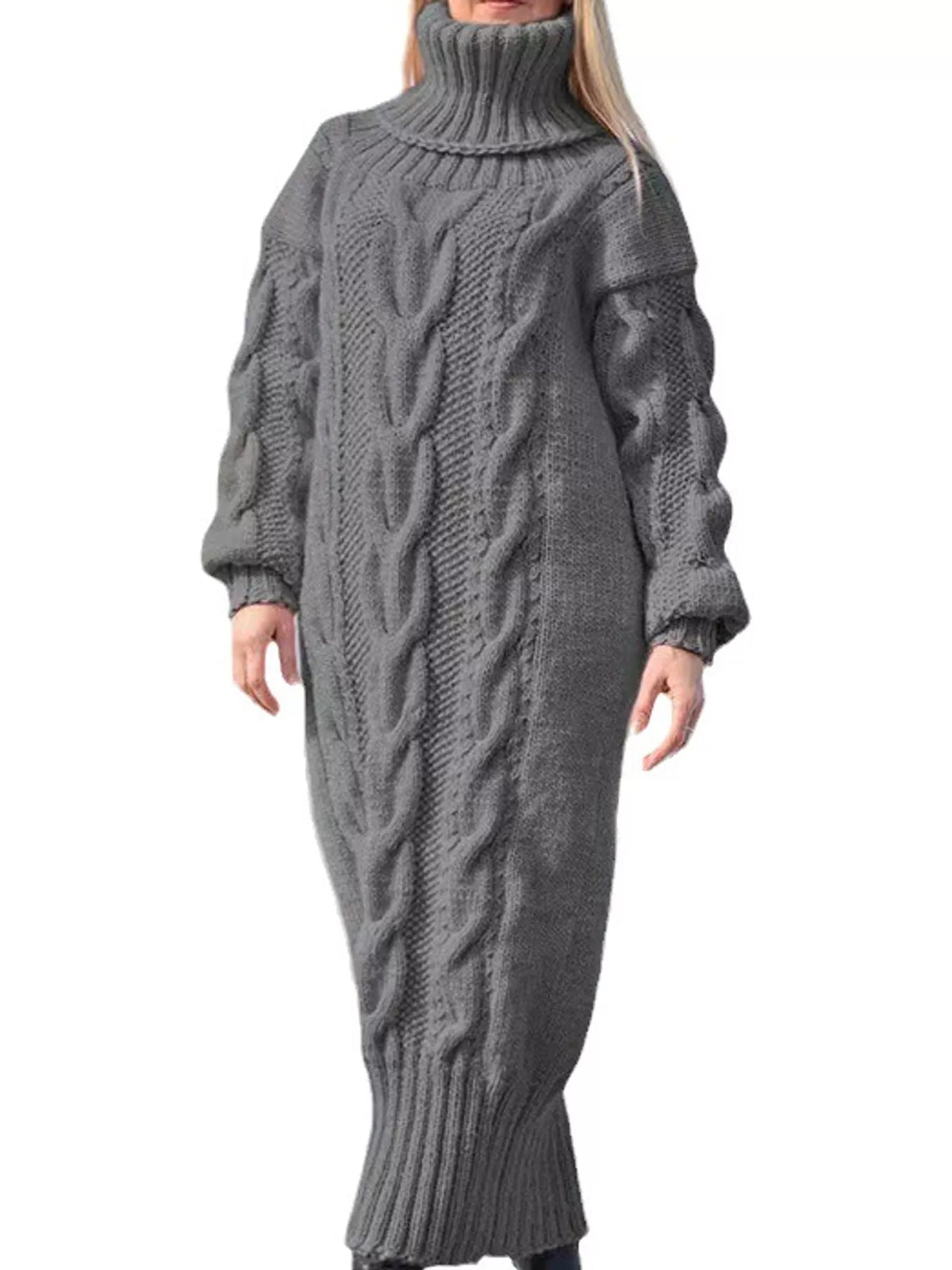 Chunky cable-knit turtleneck sweater dress in dark gray, long sleeves, midi length.