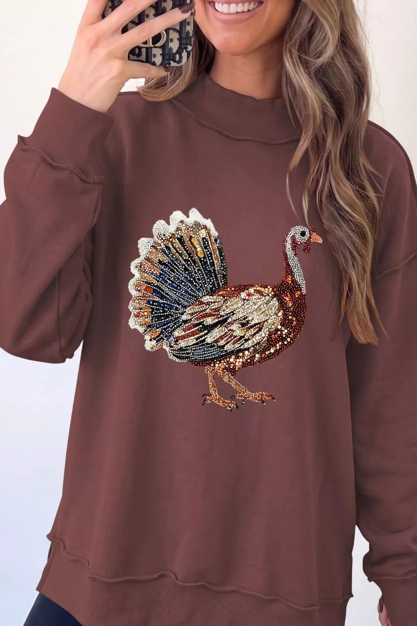 Dark brown high-neck sweatshirt with sequin turkey front graphic, long sleeves