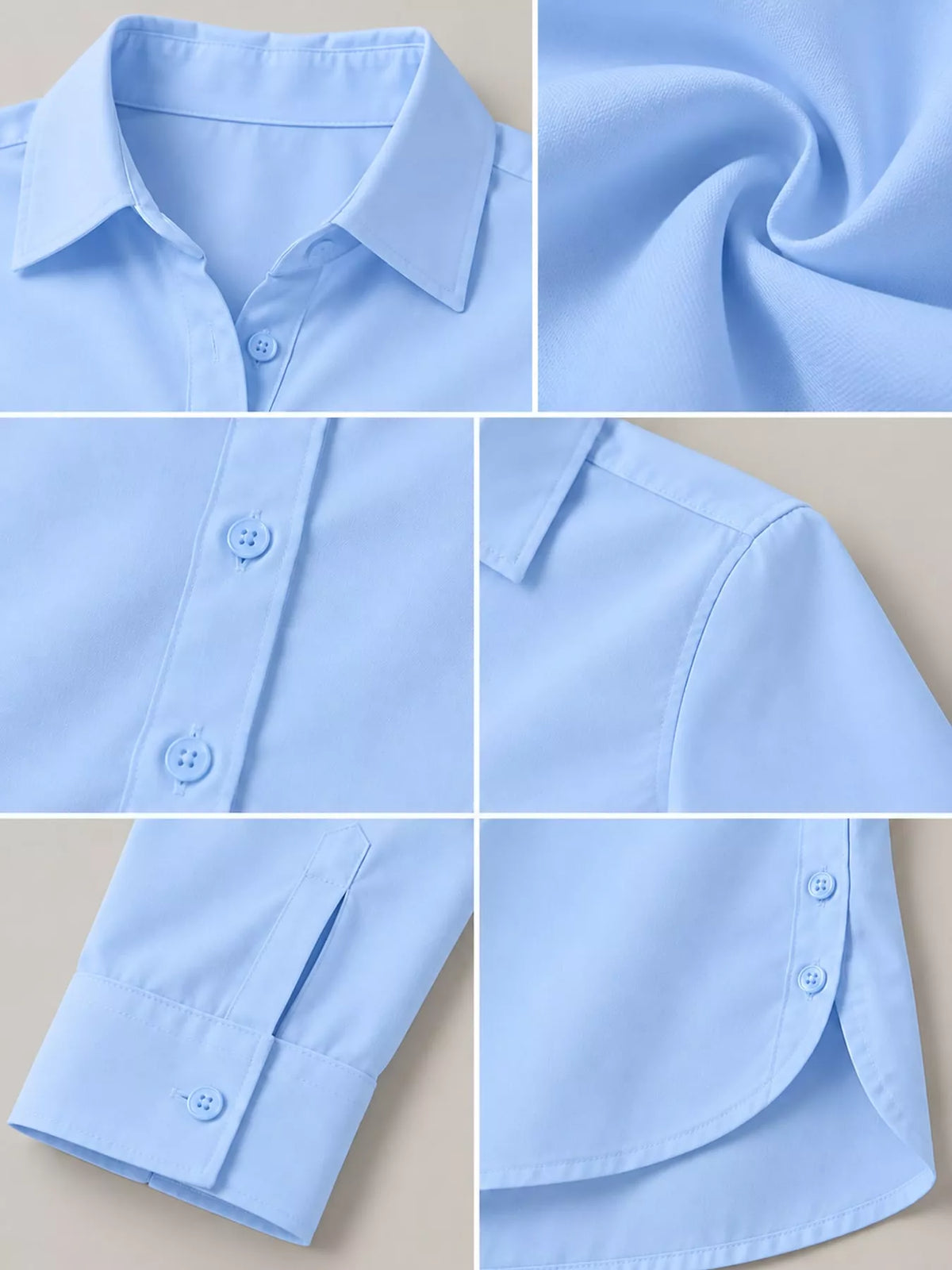 Light blue shirt detail: point collar, cuff buttons, and button placket