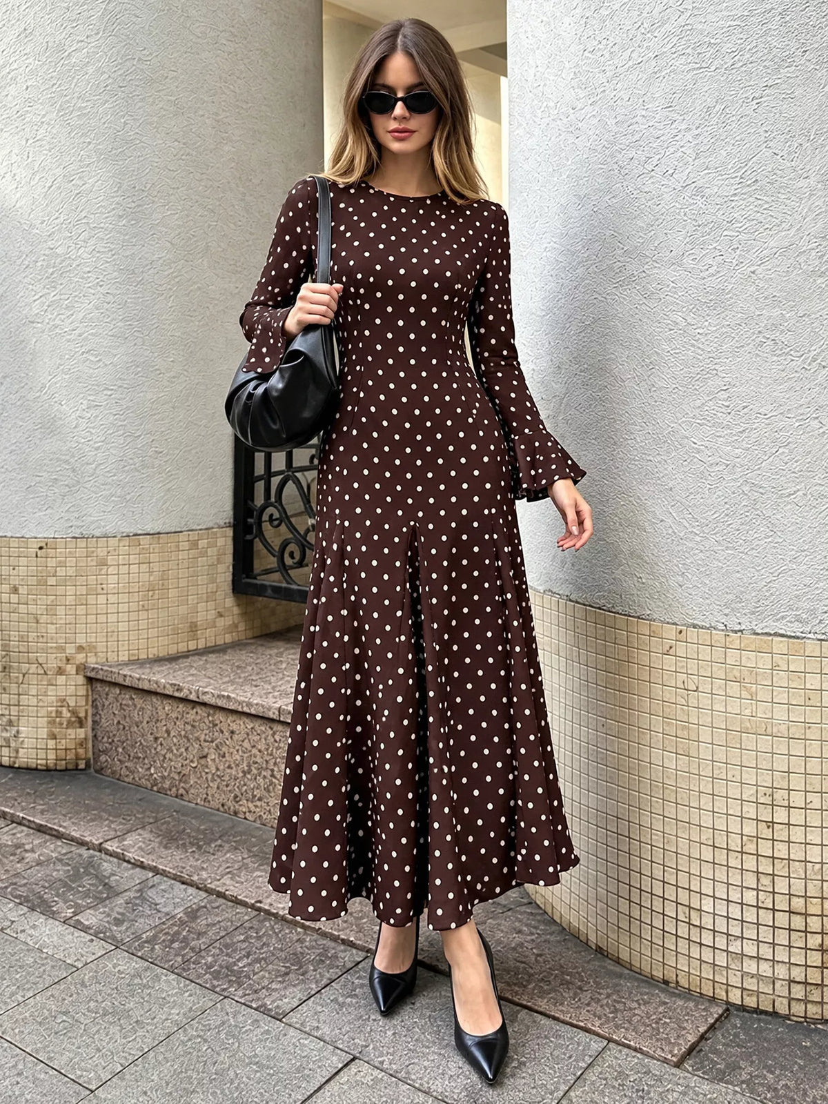 Coffee brown polka dot long sleeve maxi dress with wide skirt and round neckline