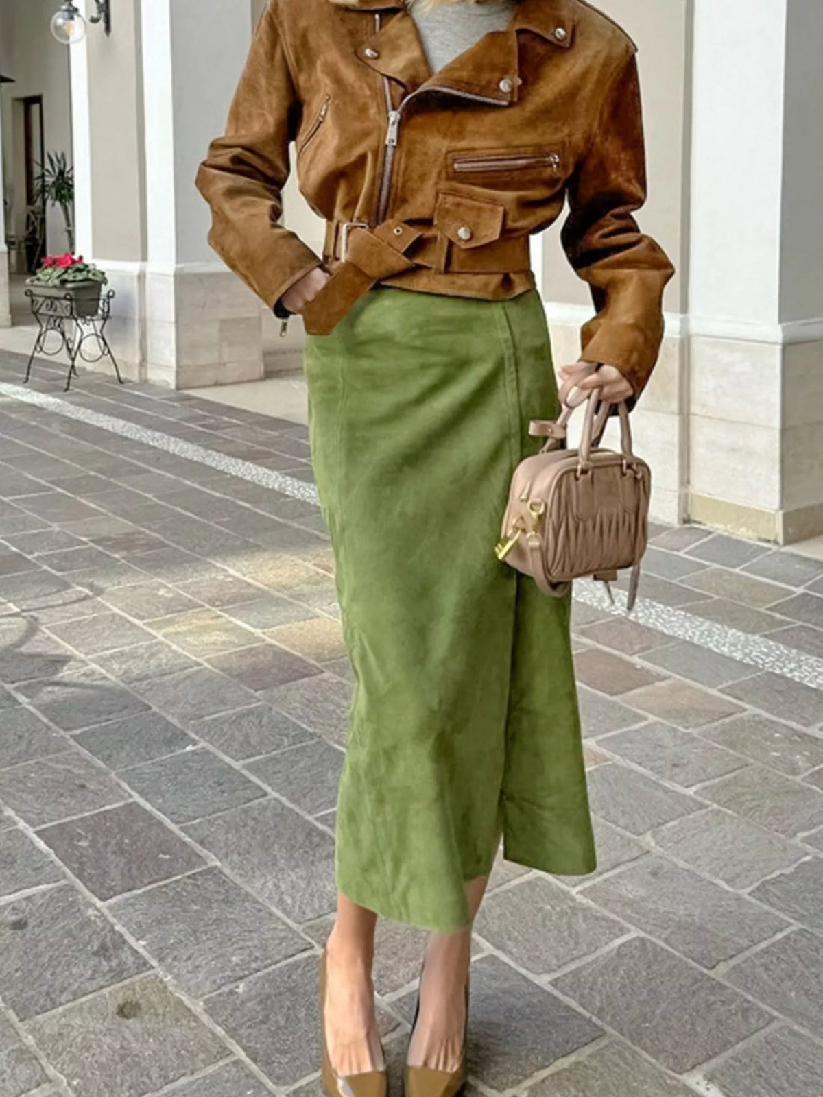 Matcha green straight midi skirt with a high waist and mid-calf hem.
