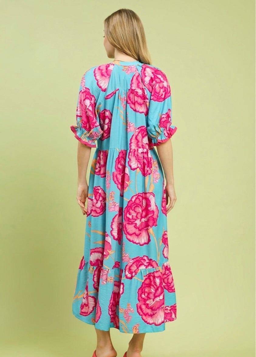 Umgee Floral Print Midi Dress with Contrast Trim