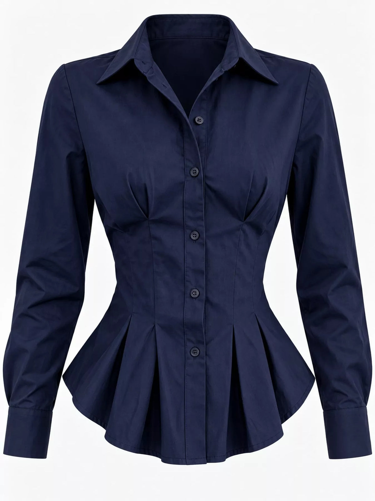 Navy button-down peplum blouse with fitted waist and gathered peplum, front view