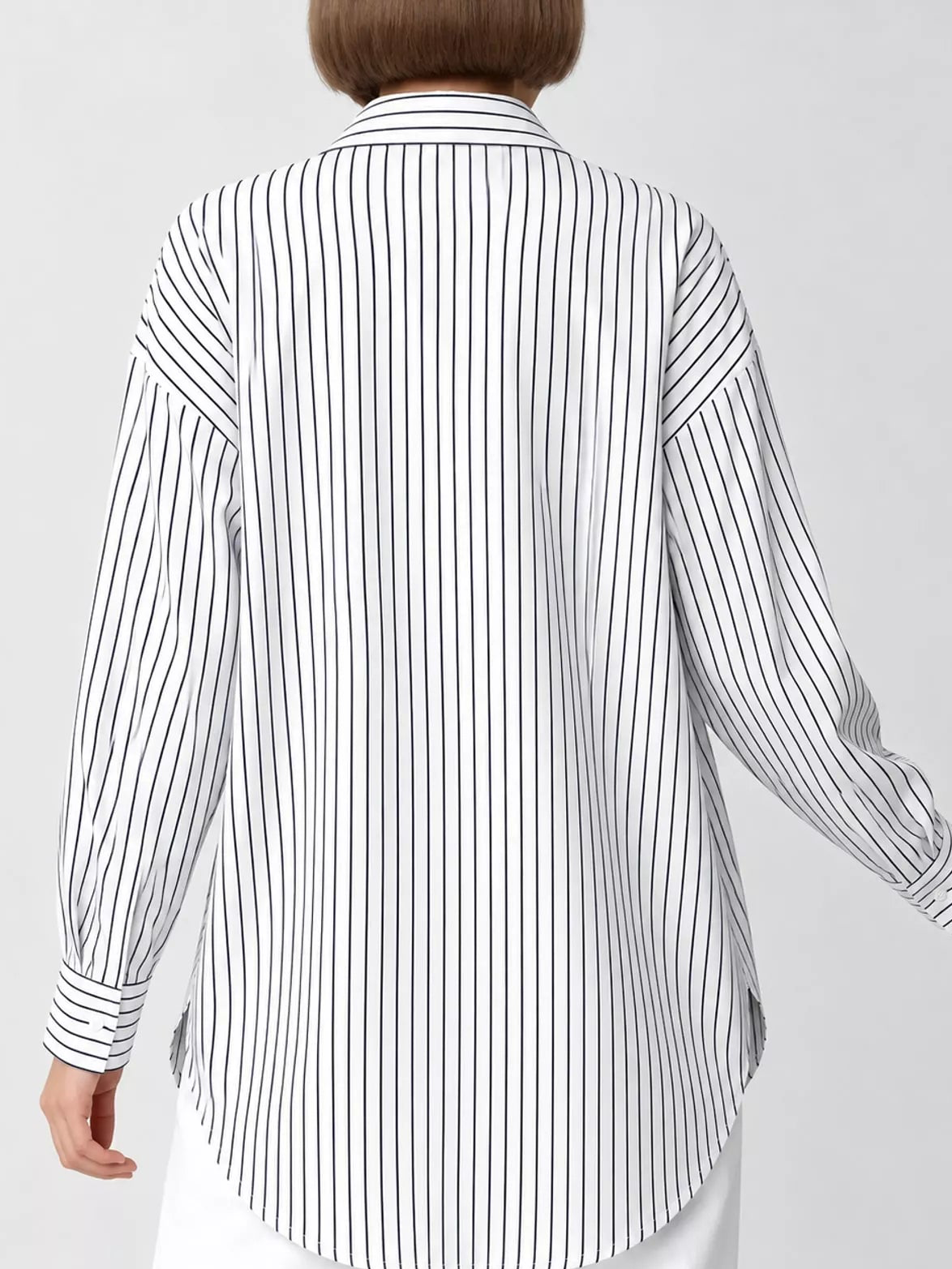 Black and white vertical striped button-up long sleeve shirt back view