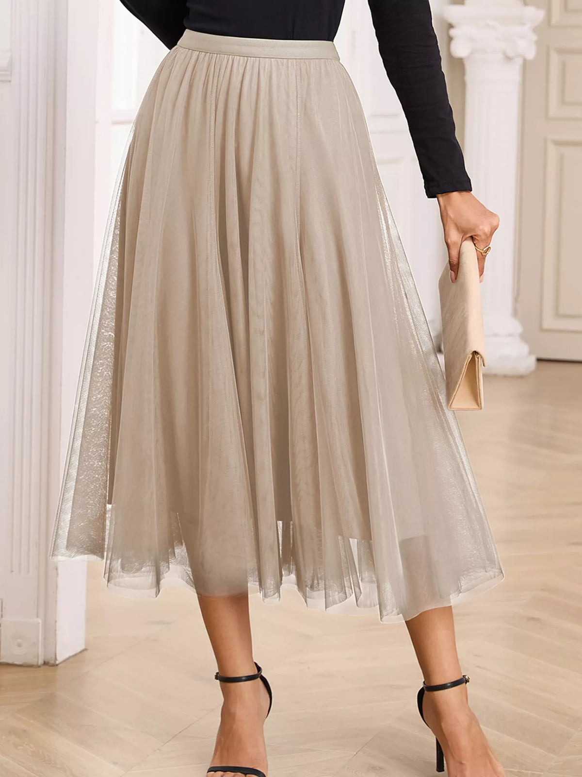 Dust Storm tulle midi skirt with a gathered waist and flared sheer overlay