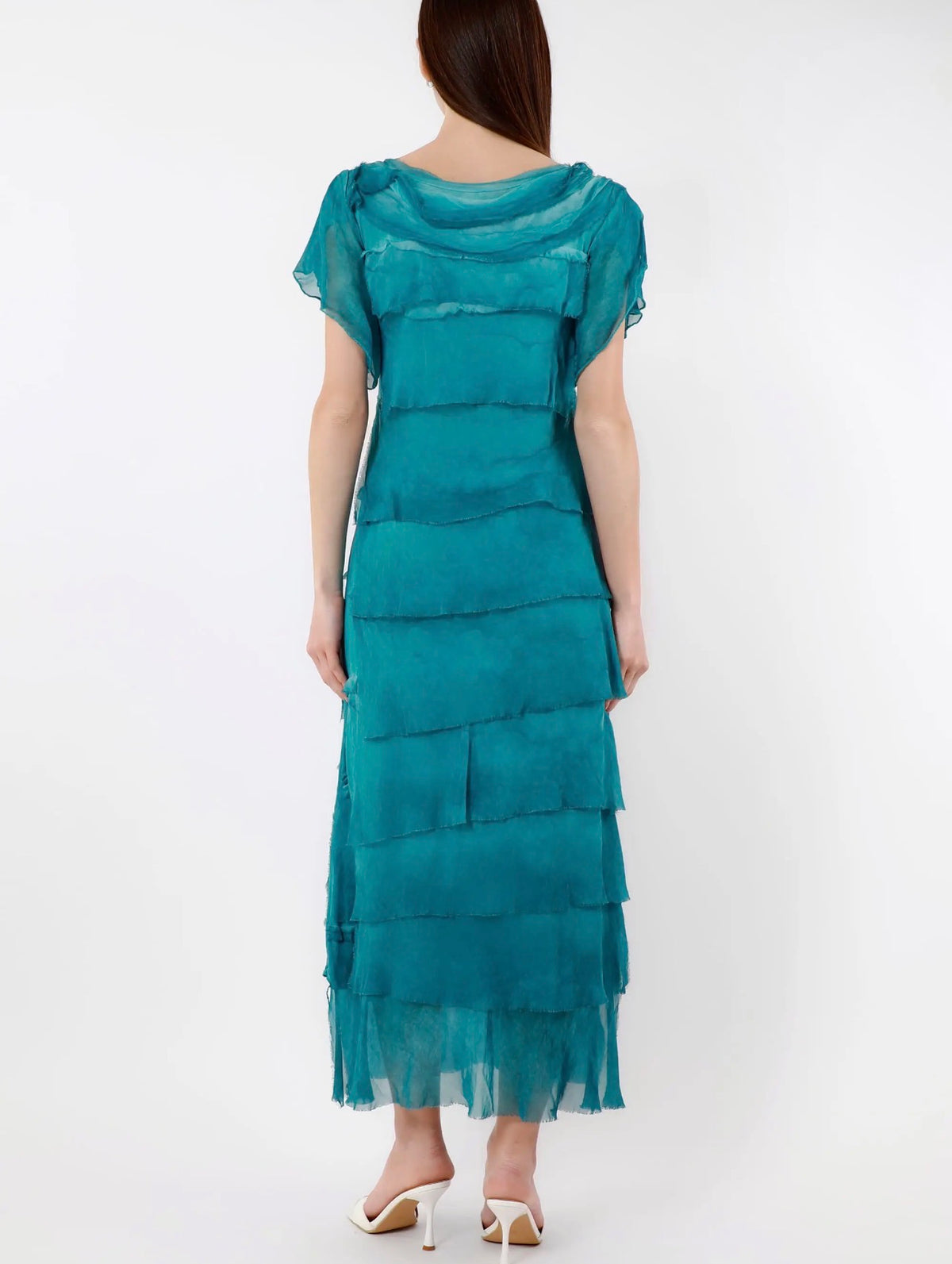 Teal silk ruffle tiered short-sleeve dress with layered fringe, back view