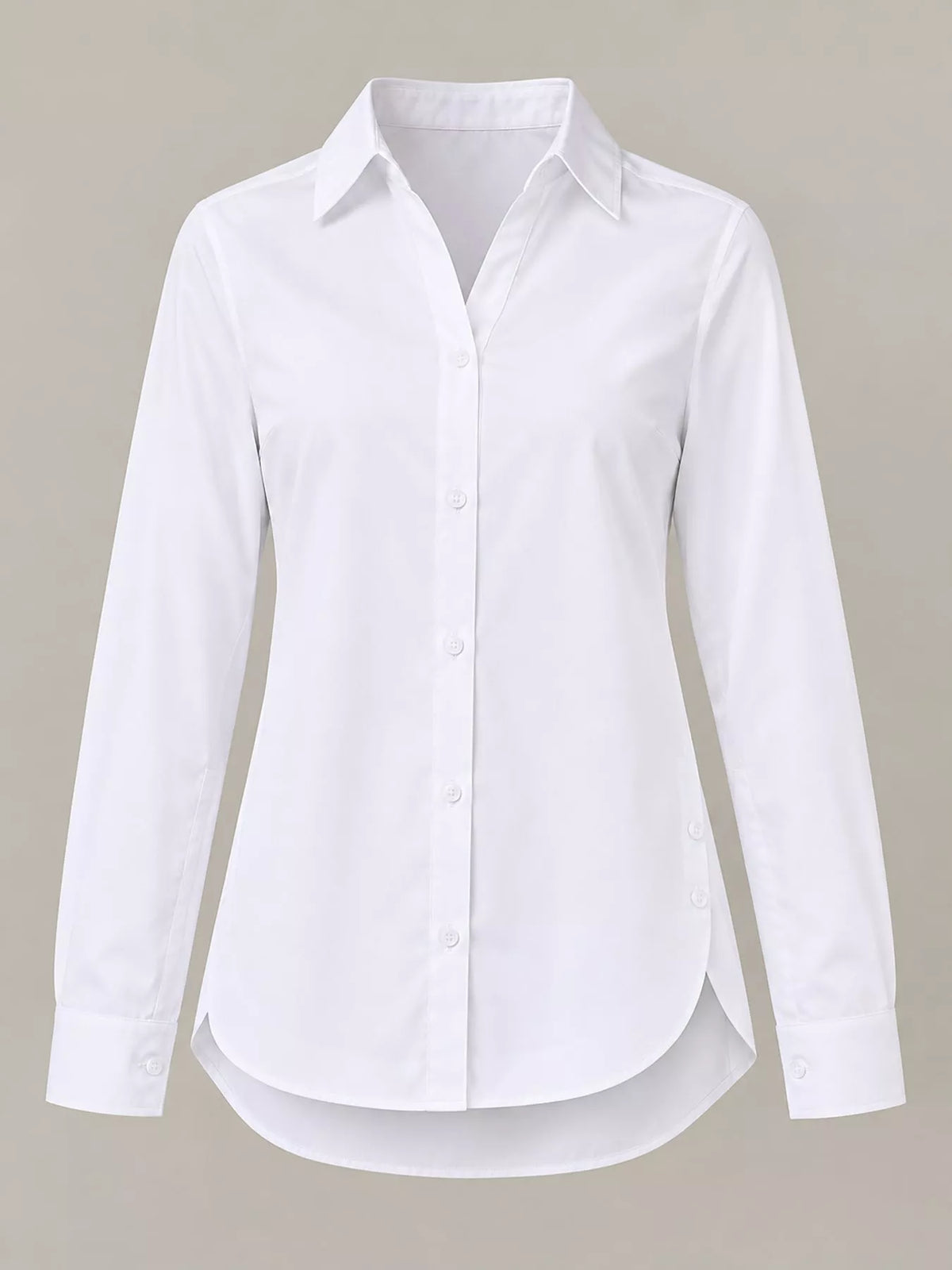 White button-up long sleeve shirt on mannequin with front button placket