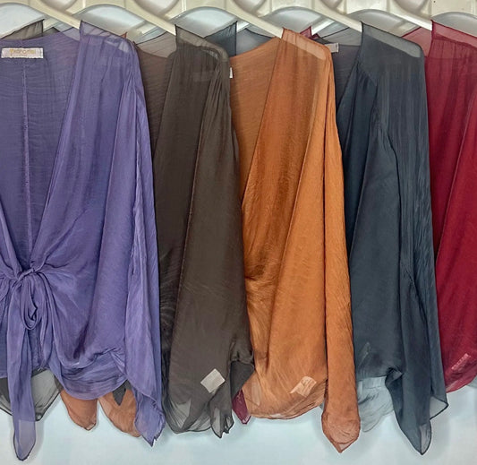 Draped silk shrug cardigan with gathered tie front, shown in assorted colors