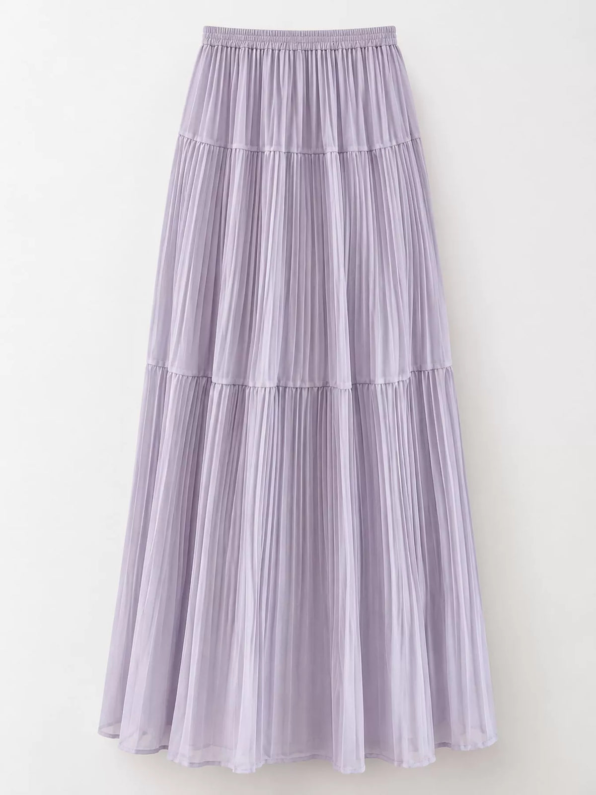 Lavender tiered pleated maxi skirt with gathered elastic waist and layered skirt bands