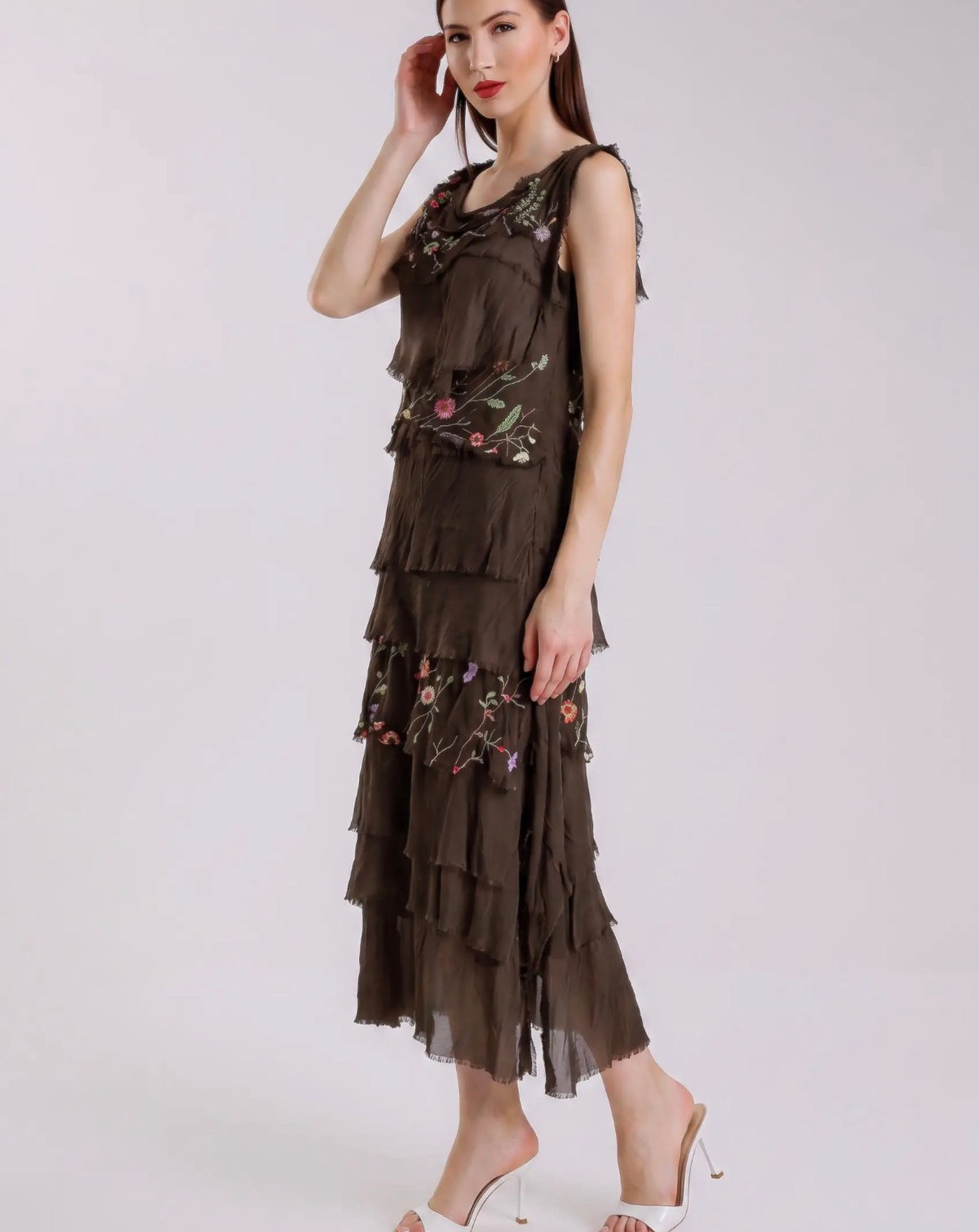 Embroidered Italian Silk Maxi Ruffle Dress