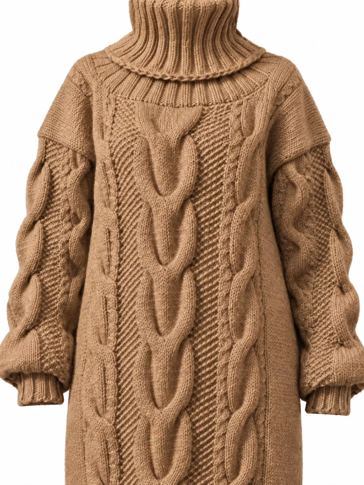 Chunky cable knit turtleneck sweater dress, long sleeves, beige textured knit