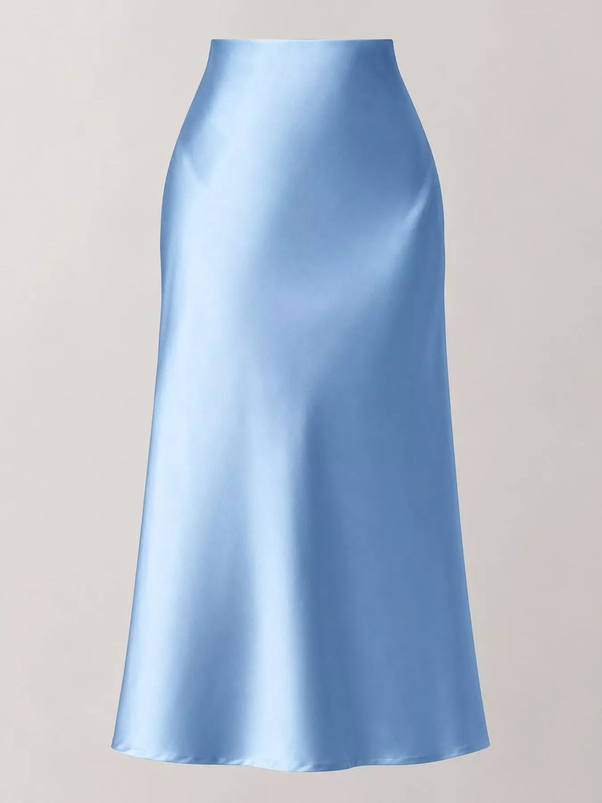 Light blue satin high-waisted midi skirt, tapered waist, full A-line silhouette