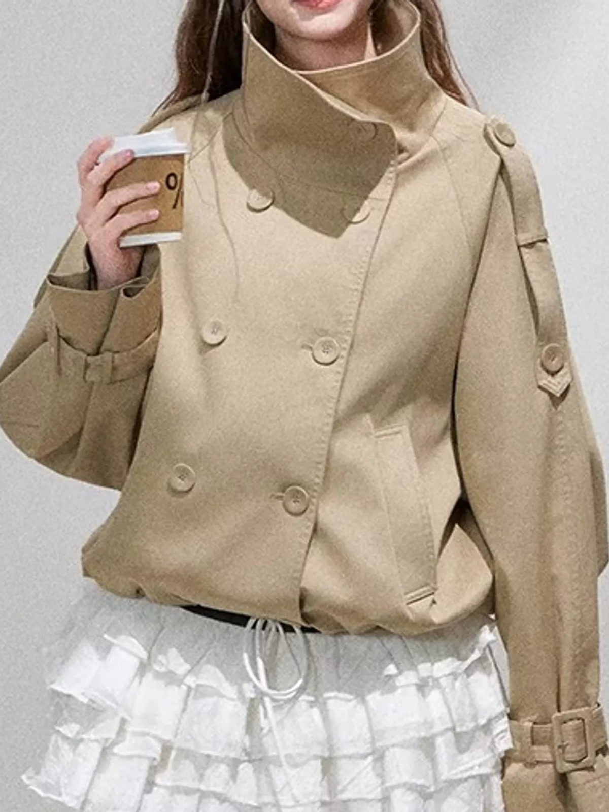 Khaki cropped double-breasted trench jacket with stand collar and shoulder strap details
