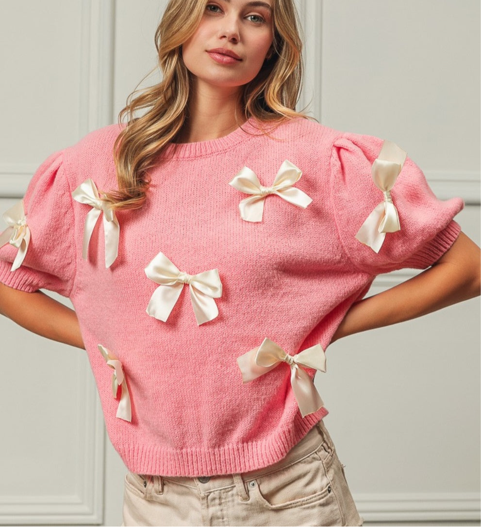 BiBi Ribbon Bow Detail Puff Sleeve Sweater