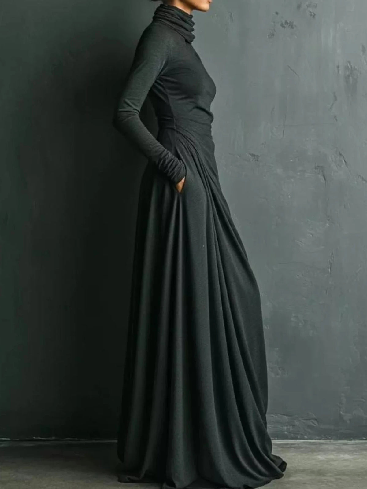 Draped turtleneck maxi dress, dark gray-green with gathered waist and long sleeves