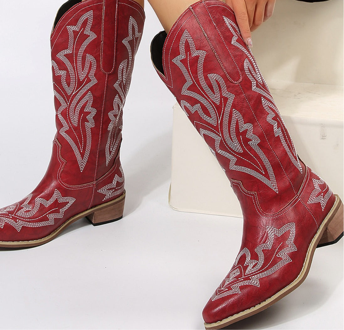 PU Leather Embroidered Geometric Point Toe Boots