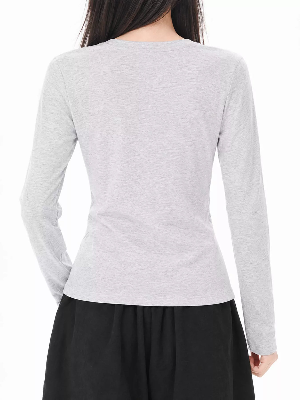 Heather gray long-sleeve crew neck T-shirt, slim fit, back view
