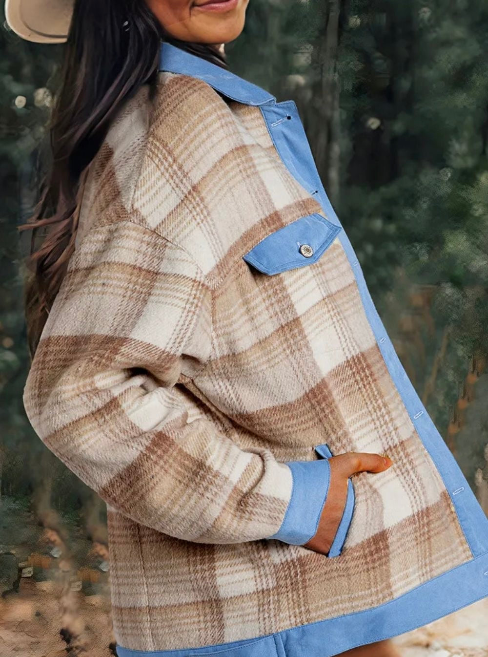 Contrast Trim Plaid Collared Neck Shacket