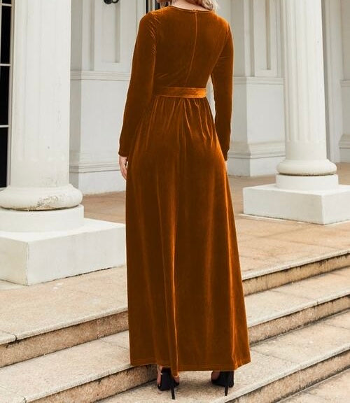 Tie Front Round Neck Long Sleeve Maxi Dress