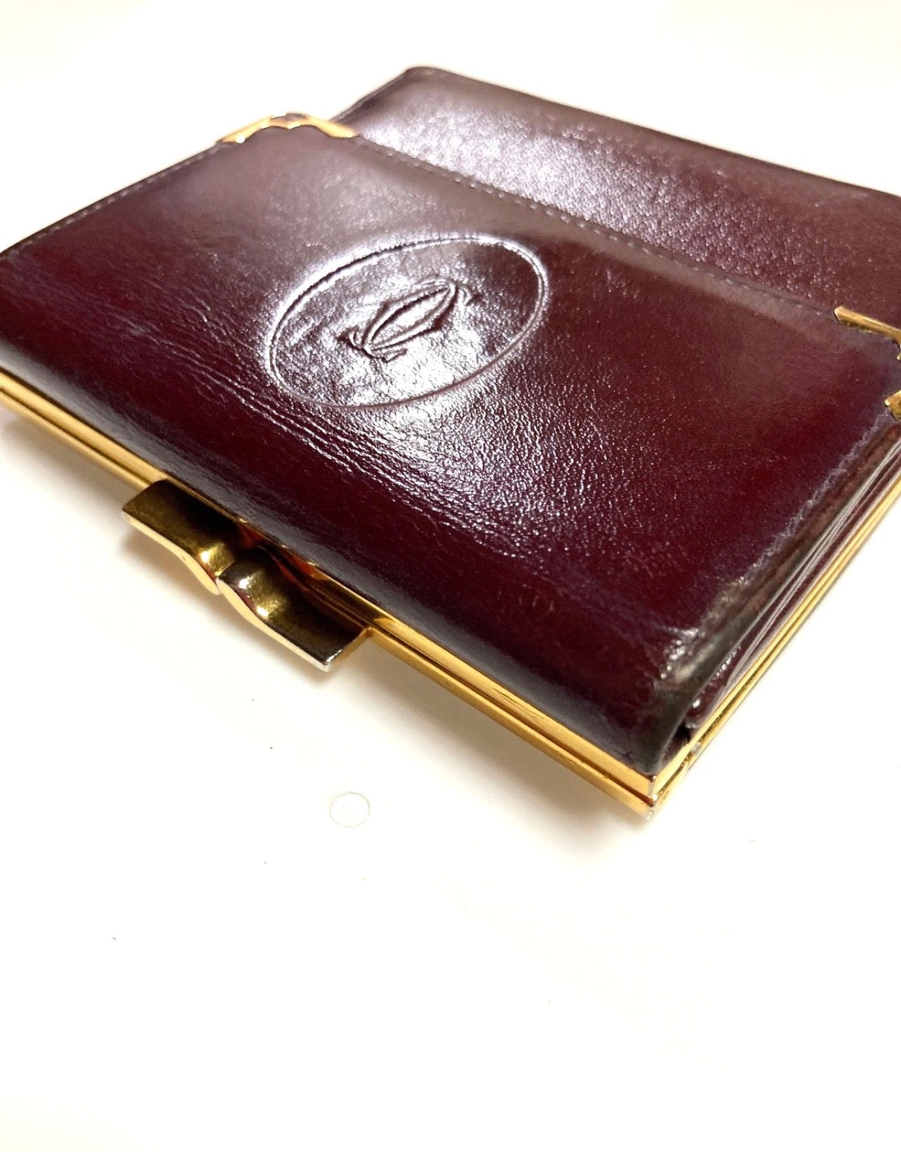 Cartier Vintage Must CC Emblem Leather Wallet Trifold Clasp France Burgundy Red
