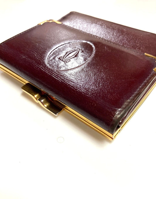 Cartier Vintage Must CC Emblem Leather Wallet Trifold Clasp France Burgundy Red