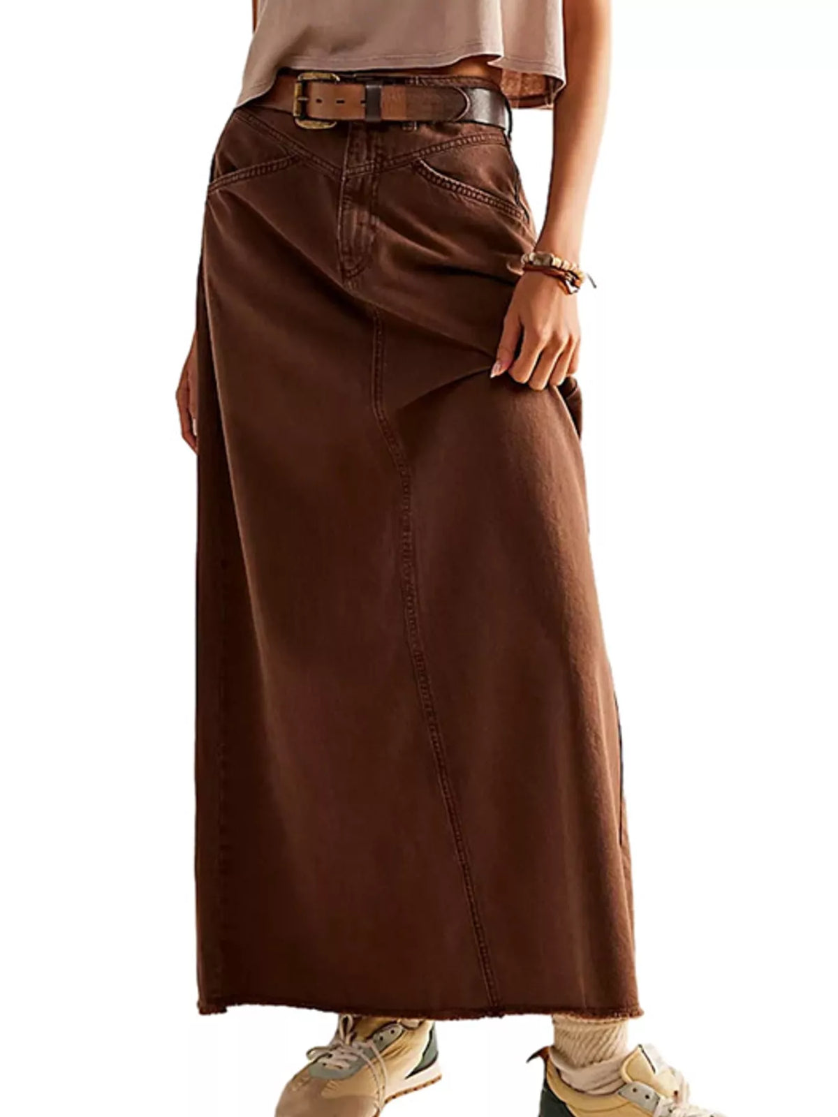 Coffee brown denim maxi skirt with five-pocket styling, belt loops, and button fly.
