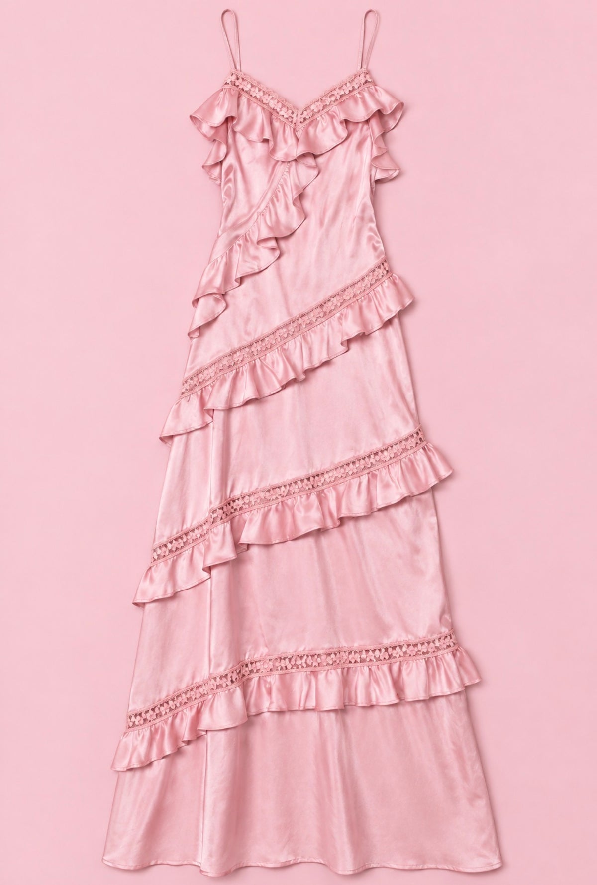 Pink satin maxi dress with tiered ruffles and lace trim, spaghetti straps