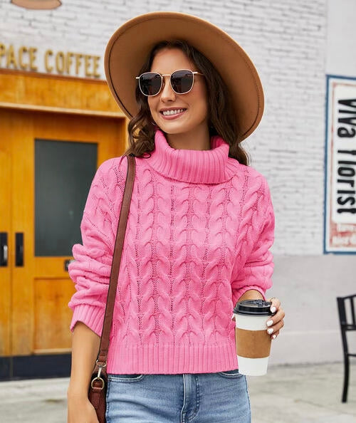 Turtleneck Cable-Knit  Long Sleeve Sweater