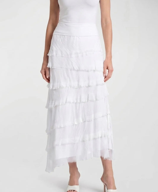White silk tiered ruffle midi skirt with frayed layered hem