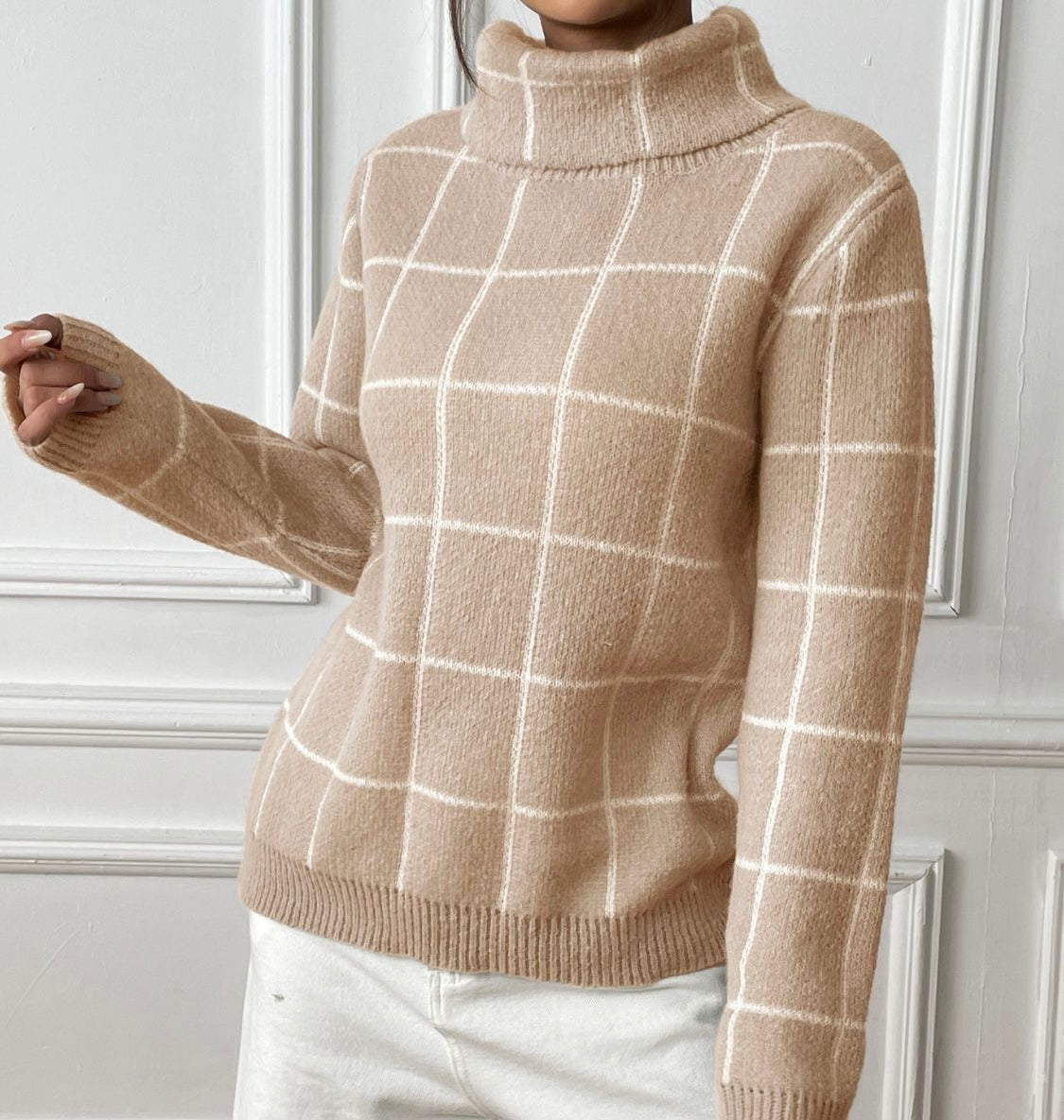 Plaid Turtleneck Long Sleeve Sweater