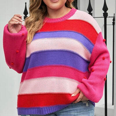 Plus Size Color Block Pom-Pom Trim Sweater