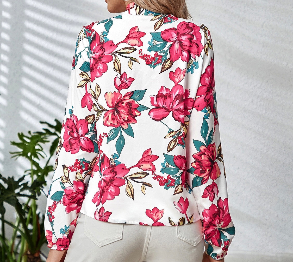 Printed Tie Neck Long Sleeve Blouse