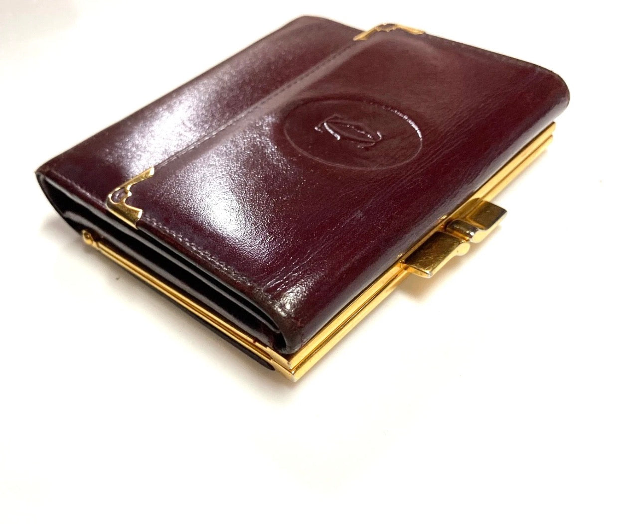 Cartier Vintage Must CC Emblem Leather Wallet Trifold Clasp France Burgundy Red