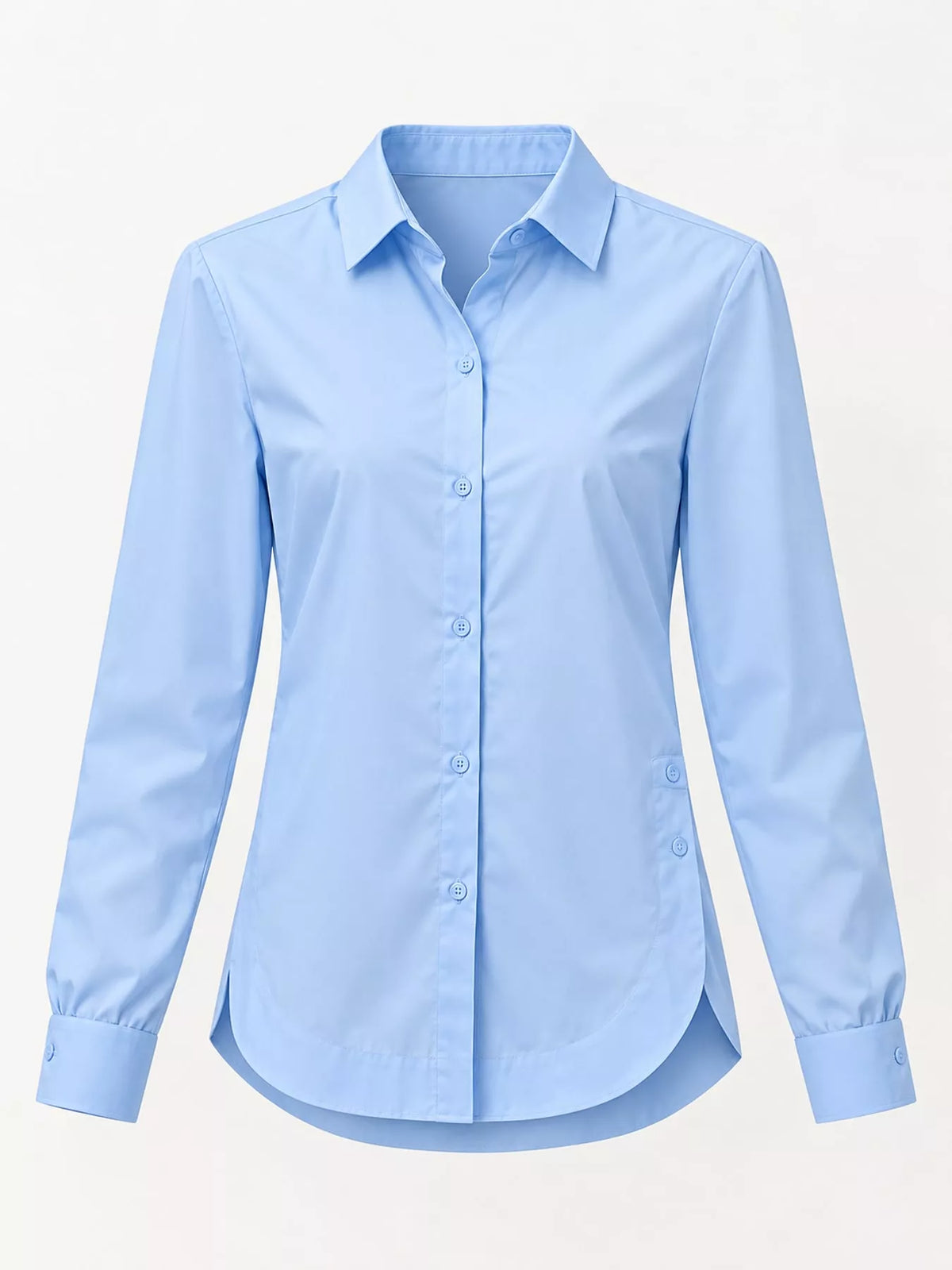 Light blue button-up long sleeve shirt, full front view with button placket