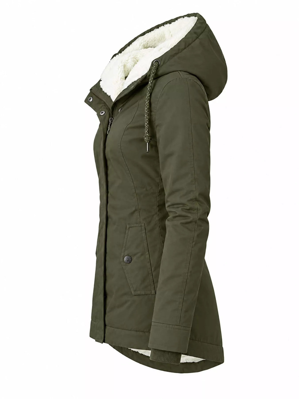 Olive green sherpa-lined hooded parka, side view with snap placket and drawcord