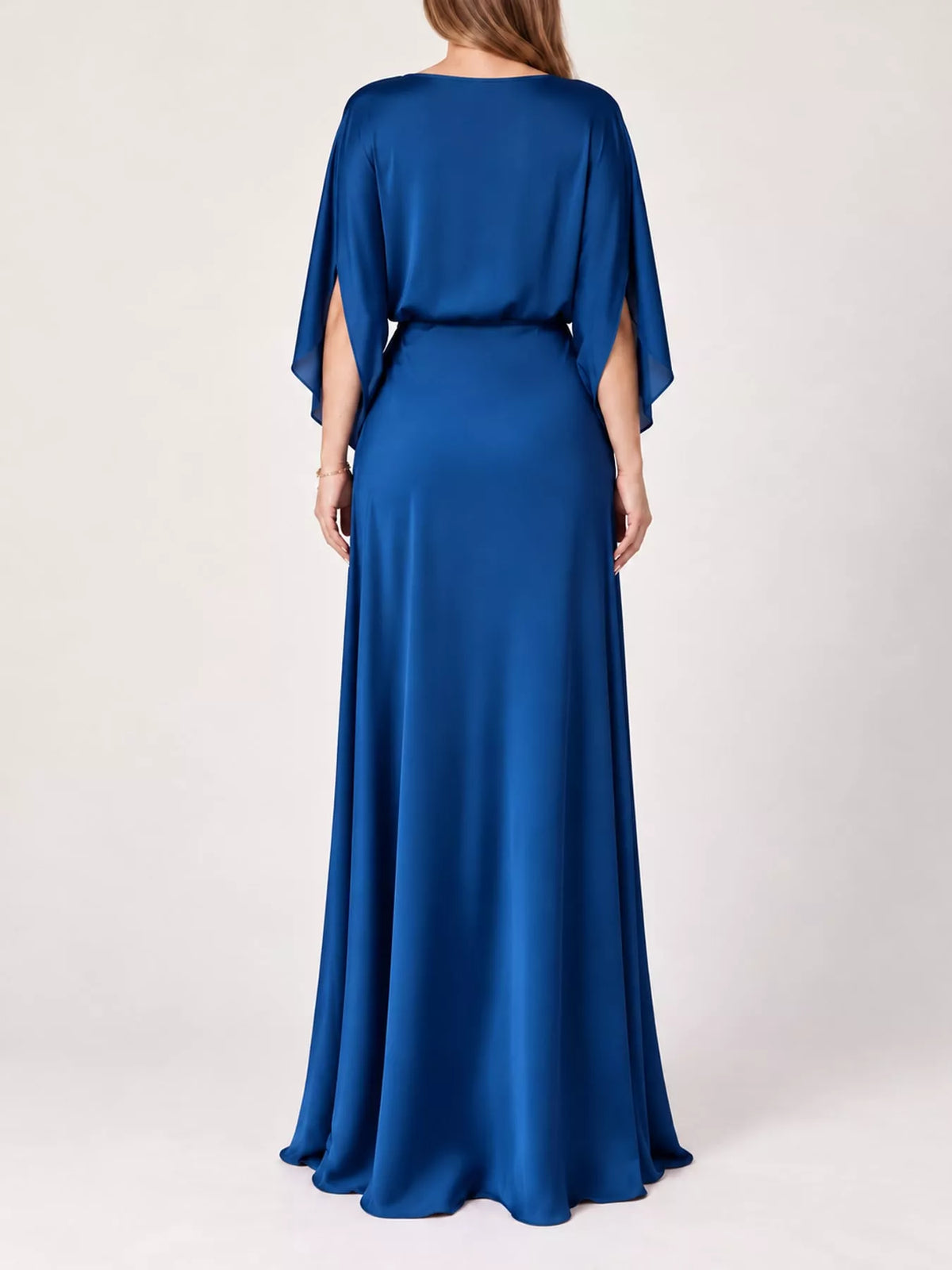 Blue satin maxi dress, draped back with cape sleeves and smooth skirt