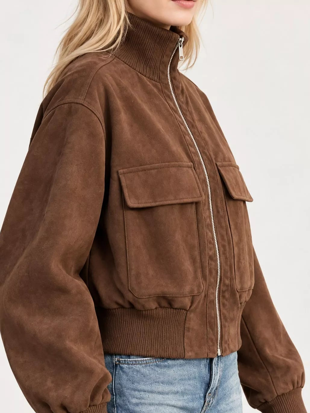 Brown suede-look zip-up jacket with ribbed collar, front zipper, and chest patch pockets