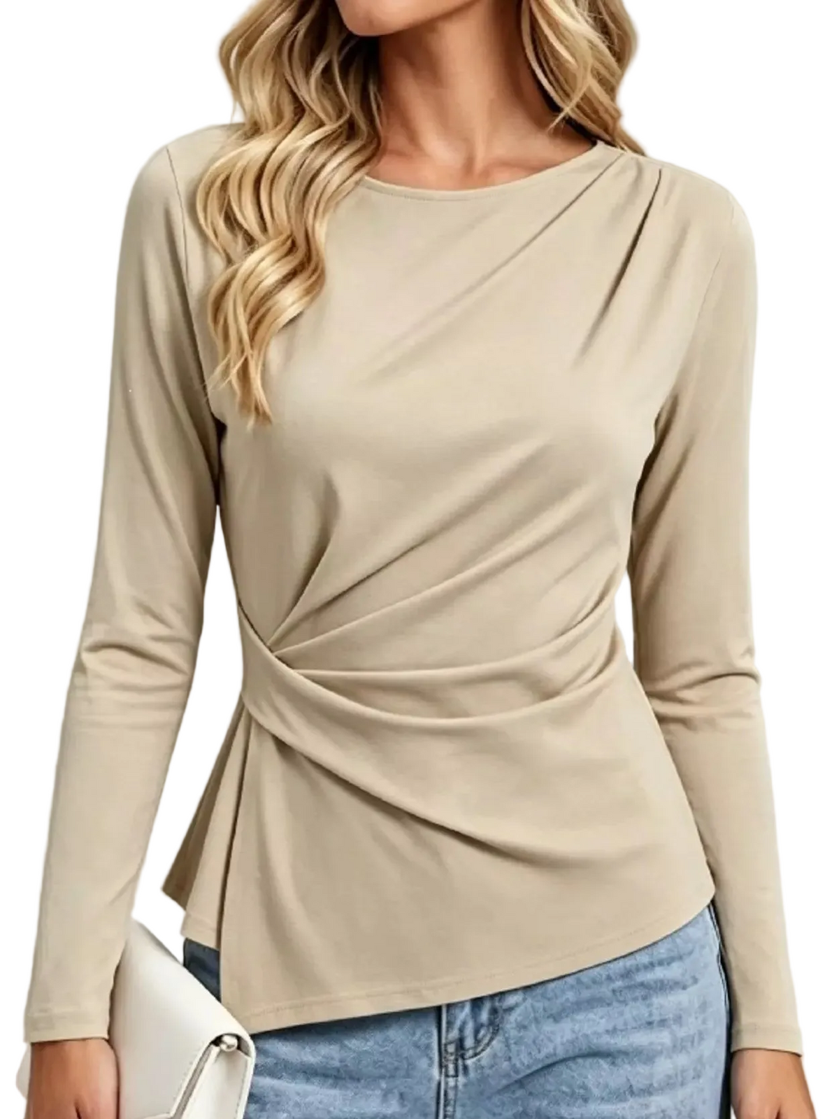Khaki ruched-waist long-sleeve t-shirt with V-shaped front drape detail