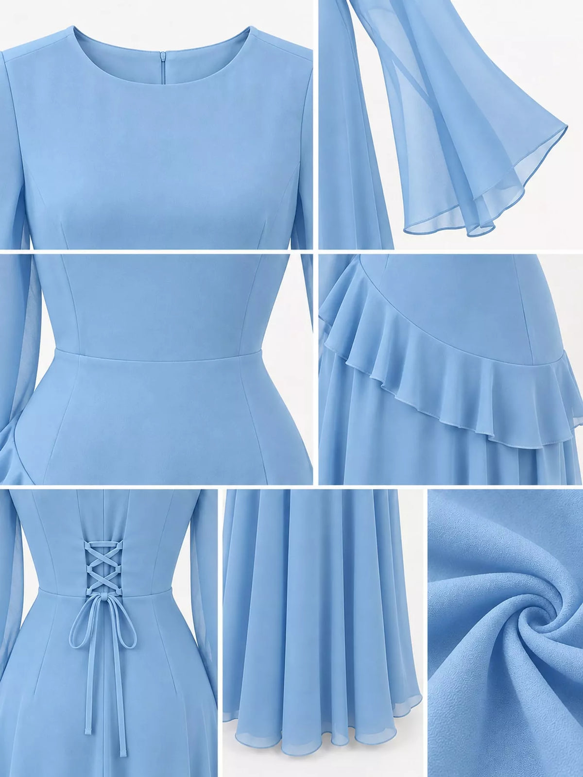 Light blue maxi dress details: lace-up back, tiered ruffles, and long sleeves