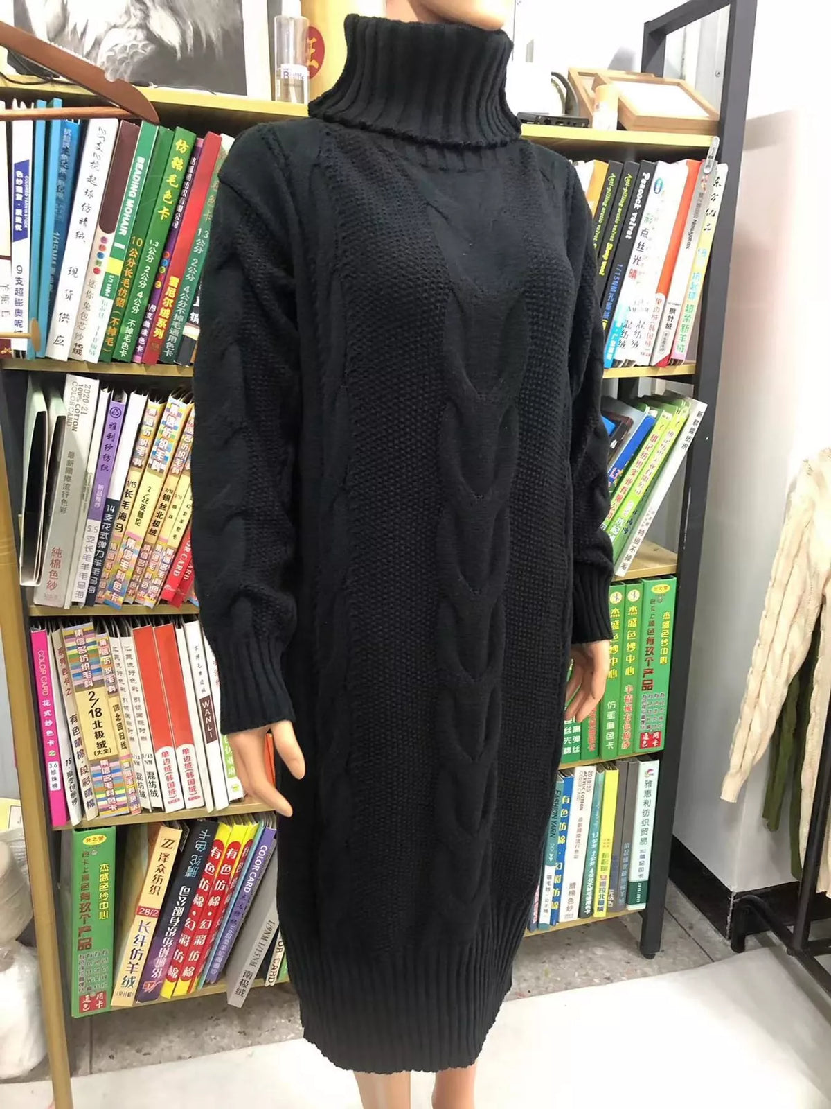 Chunky cable knit turtleneck sweater dress, black, cable texture, high neck, long sleeves