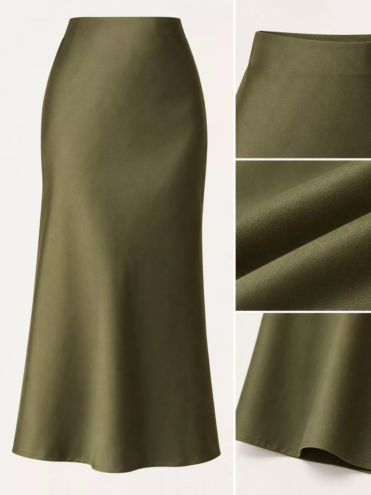 High-waisted satin midi skirt in olive green, close-up texture and flared hem
